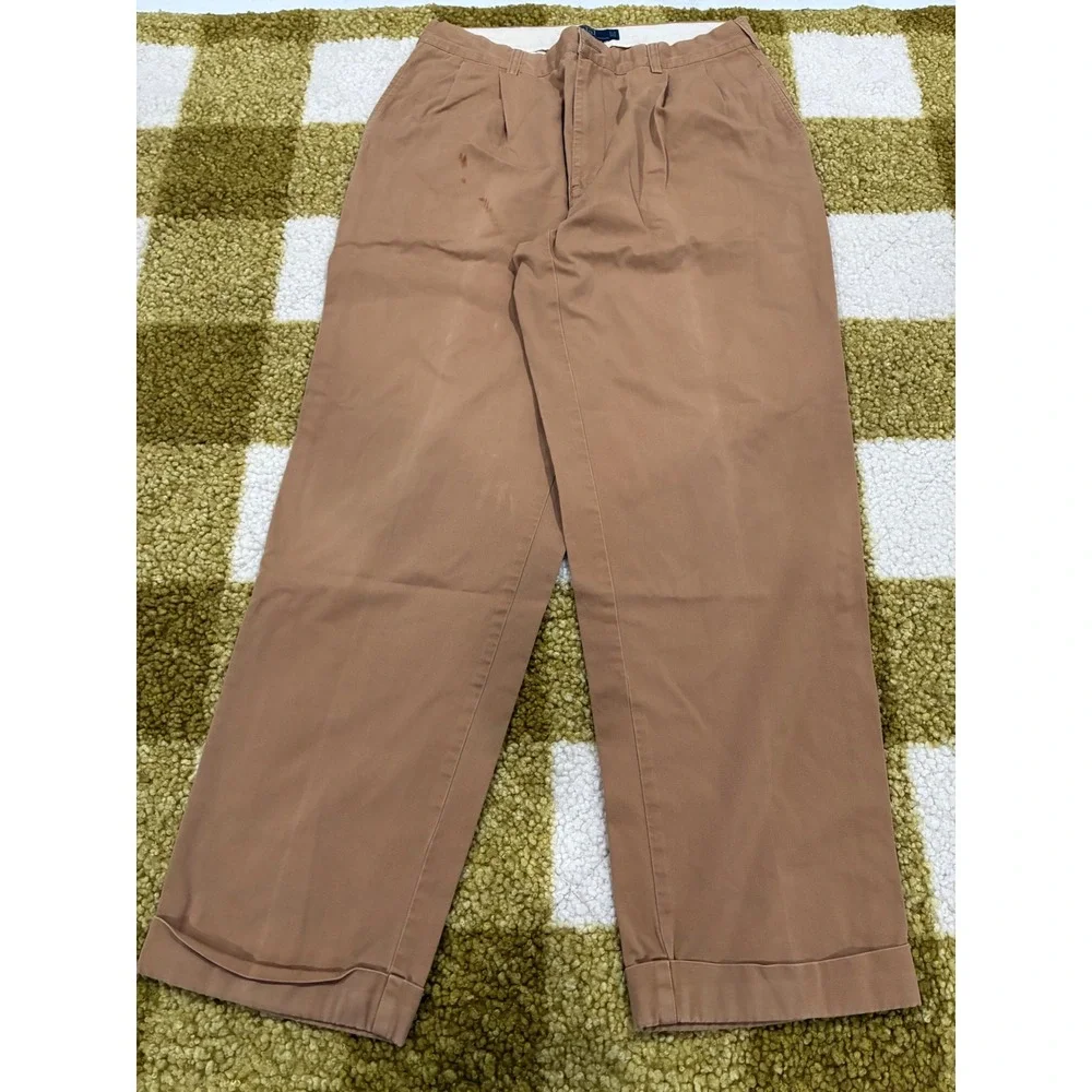 Polo Ralph Lauren Hammond Pant Mens 35x32 Tan Pleated‎ Cuffed Cotton Chinos Tan